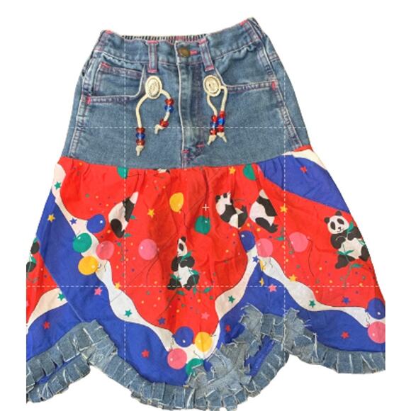 Sugartime Vintage Party Panda Denim Southwestern Boho Upcycle Skirt 6X - Picture 1 of 8
